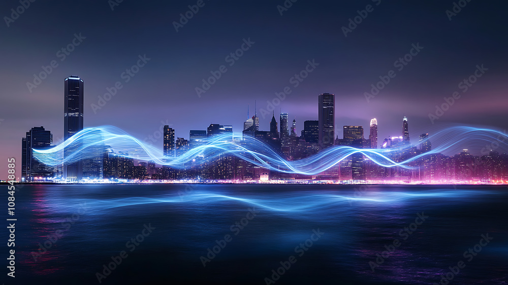 Poster a city skyline at night with digital waves and lines representing the power of technology, symbolizi