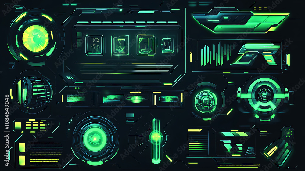 Poster Featuring futuristic callouts and titles in HUD style, this template includes information call bars and neon design elements in a digital tech style, suitable for games and user apps