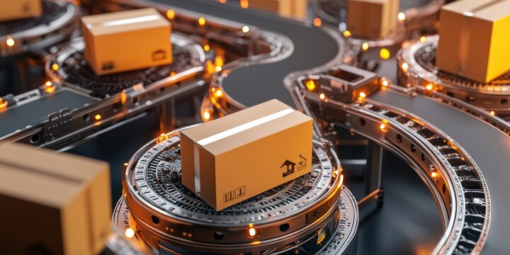 Automated package sorting system modern logistics center digital warehouse industrial environment aerial view efficient supply chain management