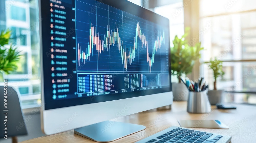 Poster a computer monitor displaying financial market data with charts and graphs.
