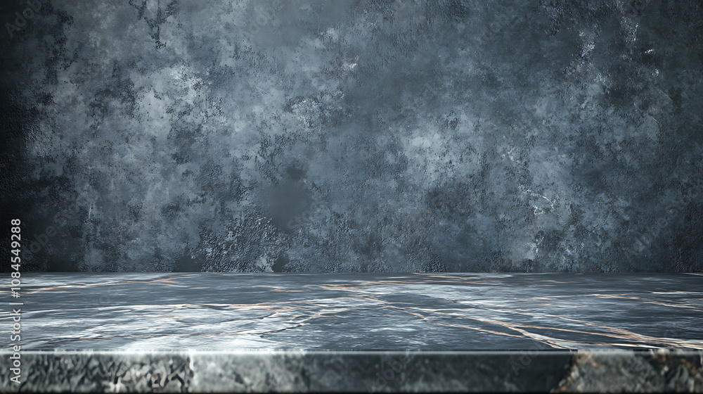 Poster a marble tabletop in grey, set against a dark cement background, creating a rustic yet luxurious set