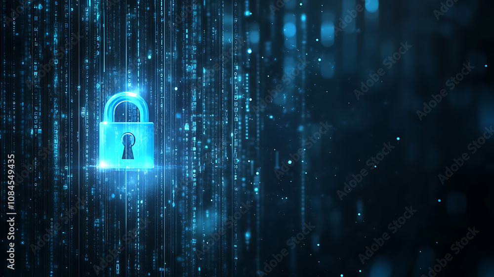 Poster A digital padlock glowing with blue light, symbolizing security and data protection in the abstract background of binary code