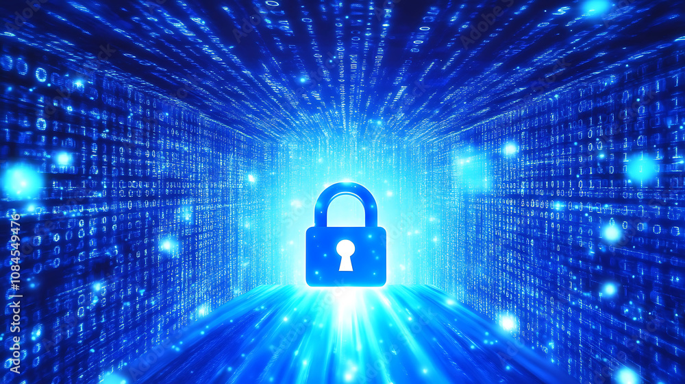 Poster A digital padlock glowing with blue light, symbolizing security and data protection in the abstract background of binary code