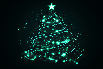 Black and neon outline of a Christmas tree, illustration 