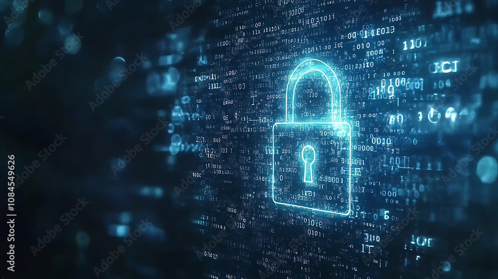 Poster A digital padlock symbolizing security, surrounded by glowing blue binary code on an abstract dark background