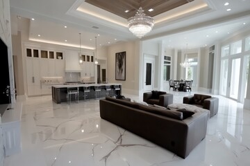 A photo of the larg living room and kitchen and dining room in an elegant American mansion with white marble floors, White and brown and gray accents, white walls