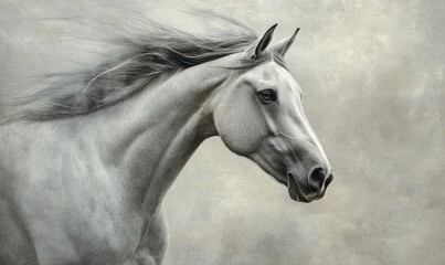 A white horse with a long mane and tail