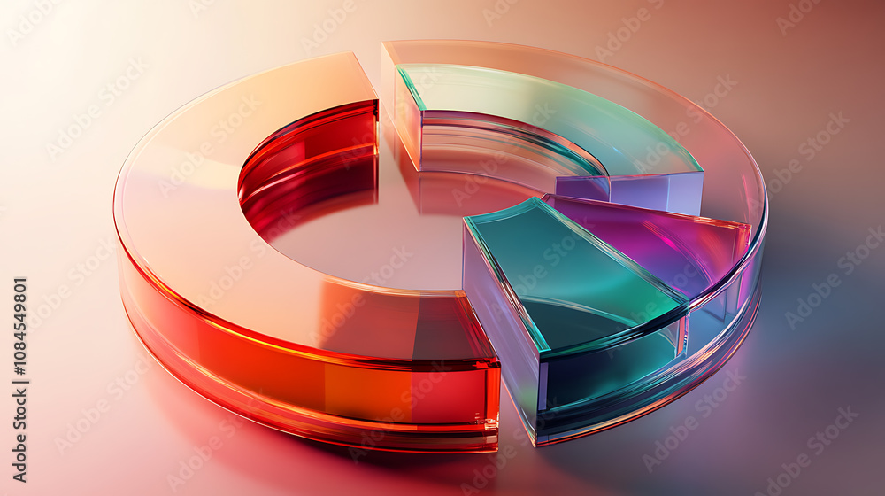 Poster futuristic translucent pie chart with vibrant, overlapping slices symbolizing interconnected financi