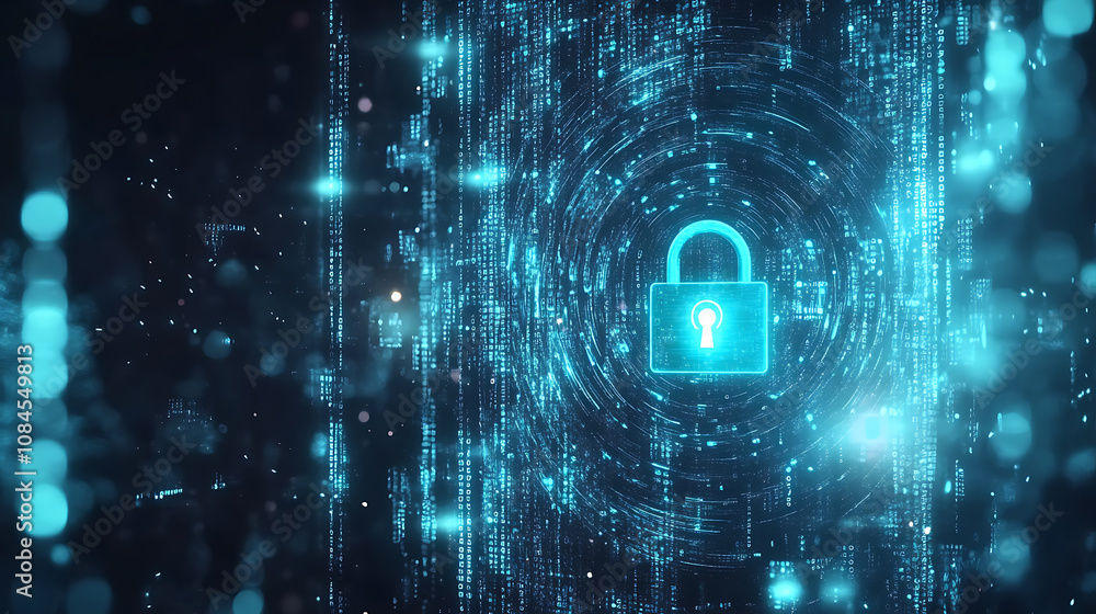 Poster a digital padlock symbolizing security, surrounded by glowing blue binary code on an abstract dark b