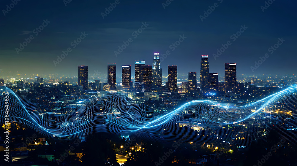 Poster a city skyline at night with digital waves and lines representing the power of technology, symbolizi