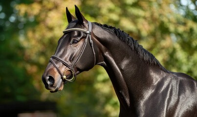Obraz premium A black horse with a brown nose and a black bridle