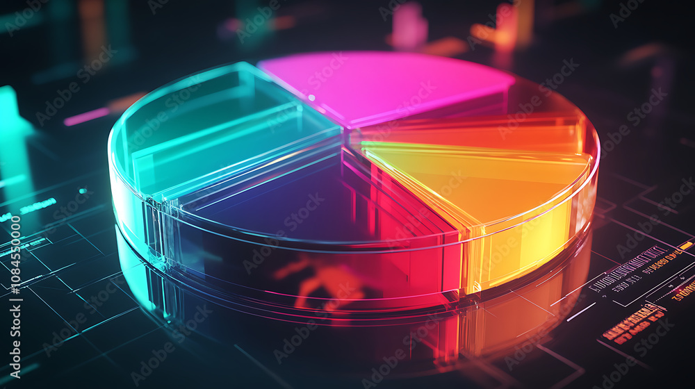 Poster futuristic translucent pie chart with vibrant, overlapping slices symbolizing interconnected financi