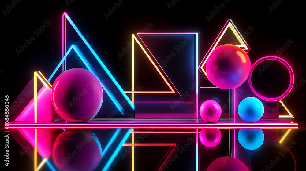 Poster abstract 3d geometric shapes in neon colors on a reflective black surface