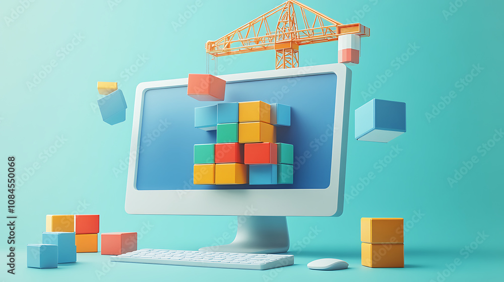 Poster a high-resolution image showcasing a modern computer monitor with colorful blocks being meticulously