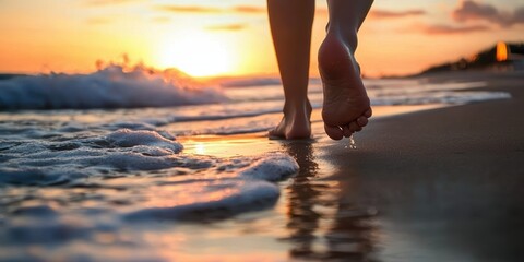 Solo traveler walking on the beach at sunset nature scene serene atmosphere inspirational viewpoint