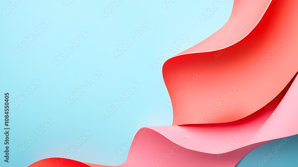 Poster a red and pink abstract shape with curved lines on the right side of an isolated light blue backgrou