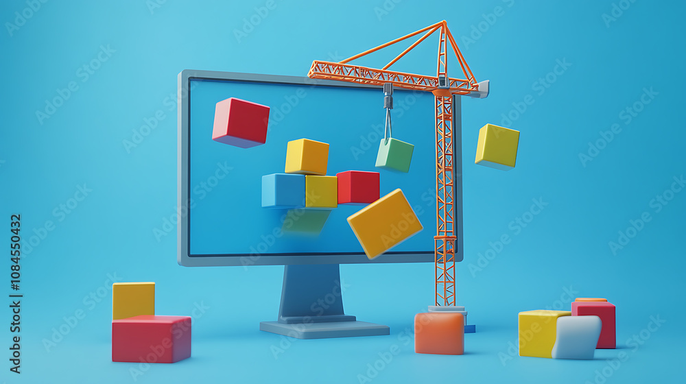 Poster a high-resolution image showcasing a modern computer monitor with colorful blocks being meticulously