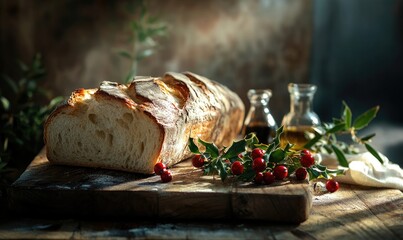 A loaf of bread is on a wooden cutting board