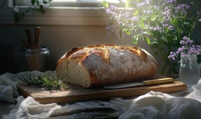 A loaf of bread with a knife on a wooden cutting board
