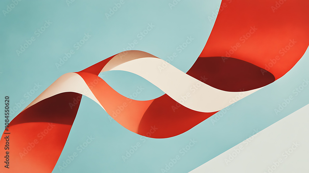 Poster A minimalistic poster design with a large red and white abstract shape on the right side, representing an extreme closeup of two ribbons intertwined in midair