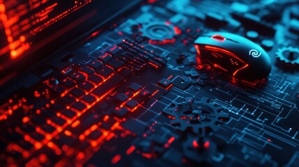 The composition showcases a keyboard and mouse with glowing details and a gear overlay, emphasizing digital creativity and efficiency. Generative AI