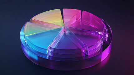 Futuristic translucent pie chart with vibrant, overlapping slices symbolizing interconnected financial planning, 3d render