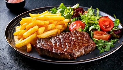 beef steak with fries and salad