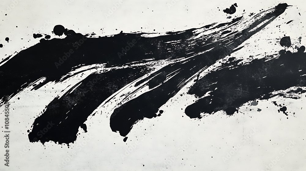 Poster abstract black ink splashes and circles on a white background with brush strokes