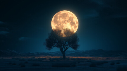 large, bright orange moon hangs over a lonely tree in a dark, flat landscape
