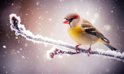 Naklejka premium A bird is sitting on a branch covered in snow