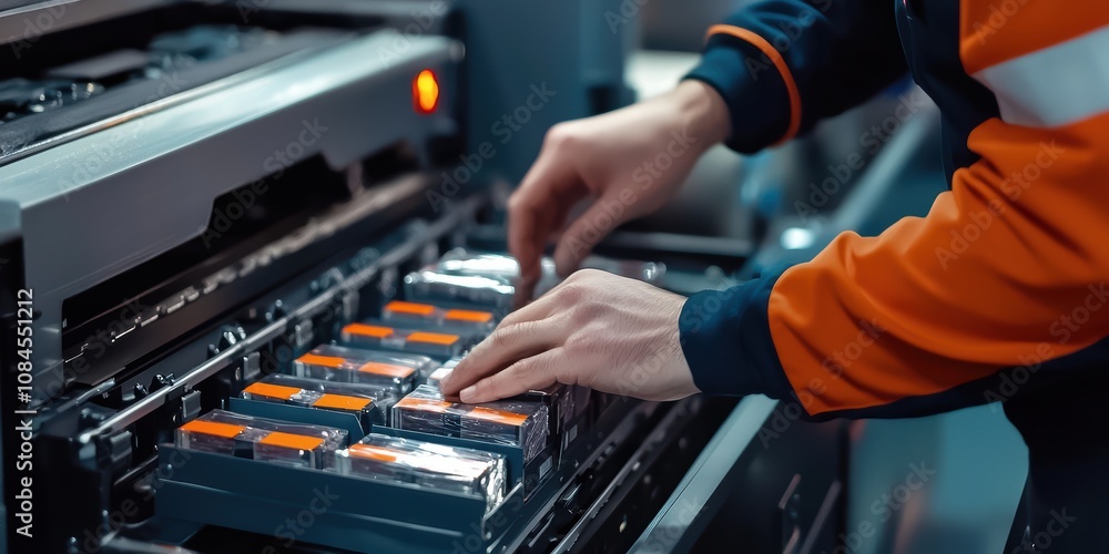 Aufkleber worker operating sorting machine for automated item placement in industrial warehouse setting