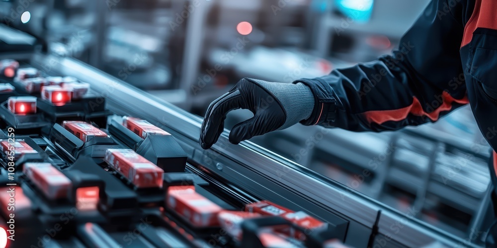 Poster worker operating automated sorting machine industrial warehouse action scene high-tech environment c