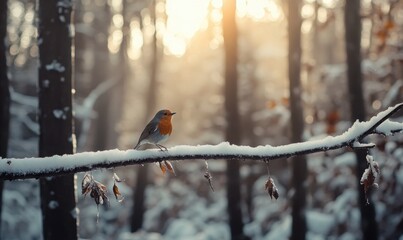 A bird is sitting on a branch covered in snow