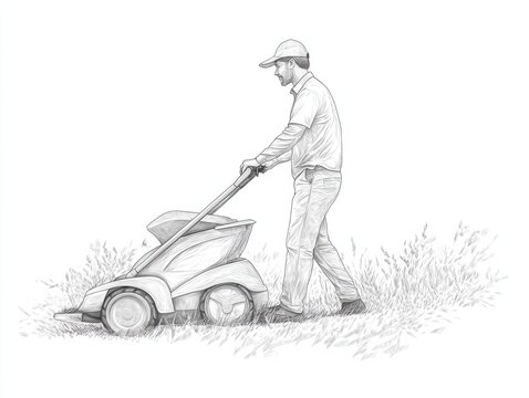 recommend clip art: Gardener pushing lawn mower on wheels cutting grass in outline style