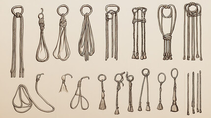 A set of flat sketches showing various drawstring cord designs with aglets, suitable for use in waistbands, bags, shoes, and other garments
