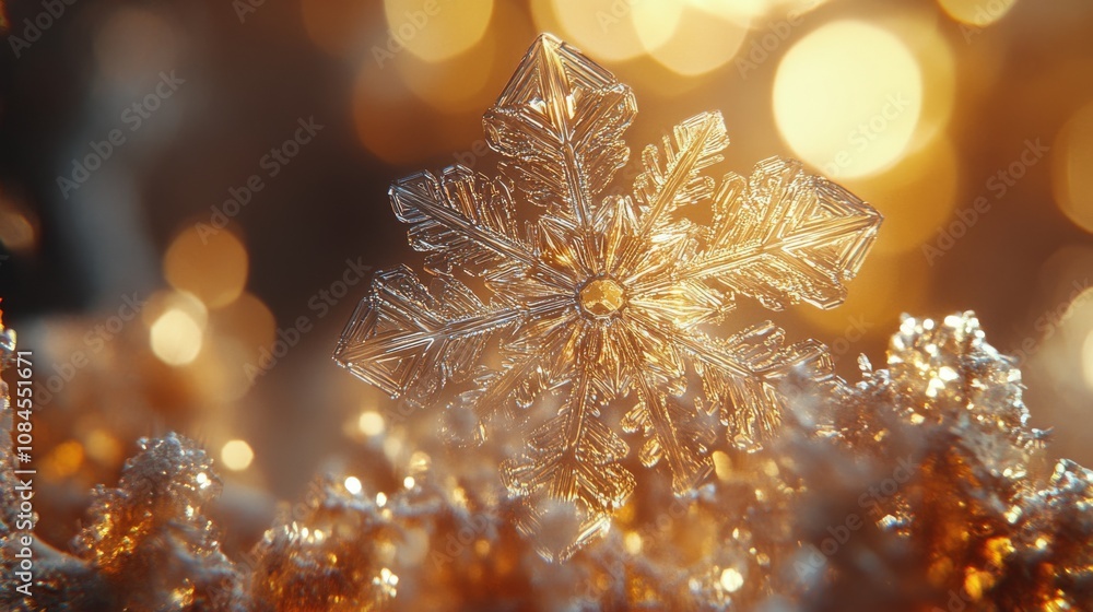 Poster delicate snowflake resting on a surface of shimmering ice crystals with a warm background glow