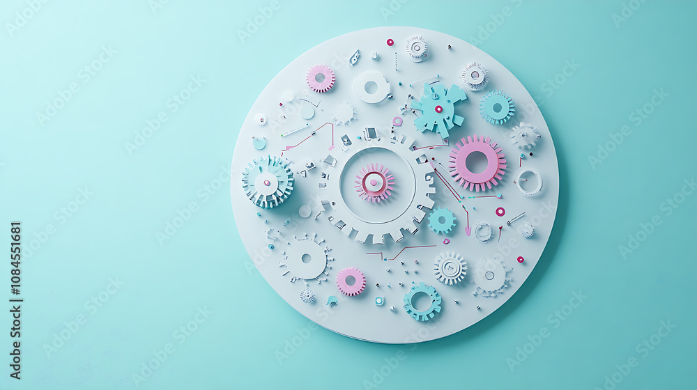 Aufkleber a white circle with colorful gears and circuit board elements on a light blue background
