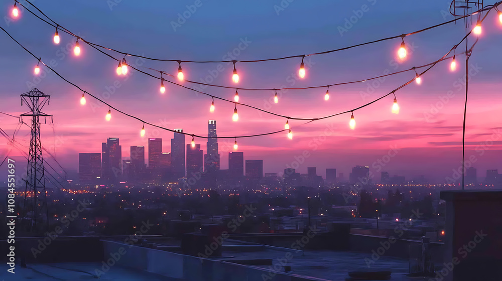 Poster a string of light bulbs hangs from the rooftop, with downtown los angeles in view the sky is a paste