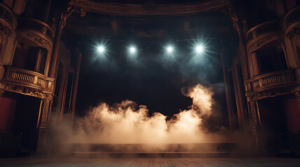 The stage of the theater is dark, illuminated by spotlights and smoke in front of it