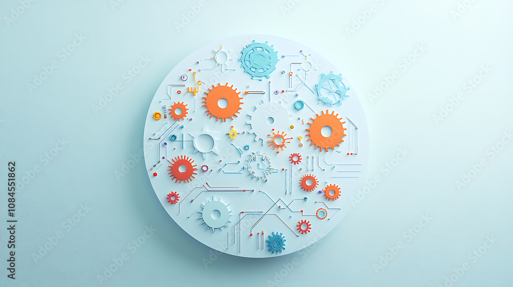 Poster a white circle with colorful gears and circuit board elements on a light blue background