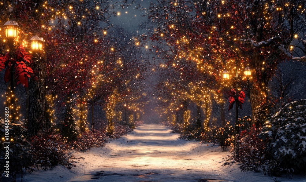 Poster a walkway with lights and trees in the background