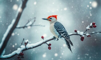 A bird with a red head is sitting on a branch covered in snow