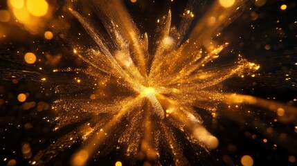 Golden fireworks explode against the dark night sky, creating dazzling patterns of light and sparks.