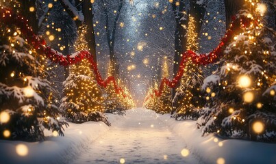 A path of Christmas trees with red ribbons