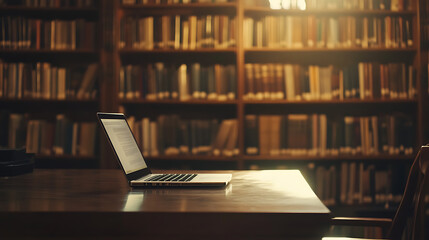In the ambiance of a school library, an open laptop on a desk signifies the convergence of online education and traditional learning