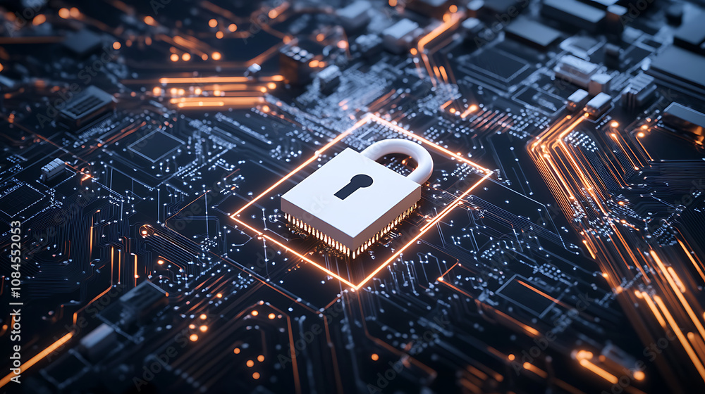 Aufkleber a white lock on the left side of an electronic circuit board, with digital data and security concept