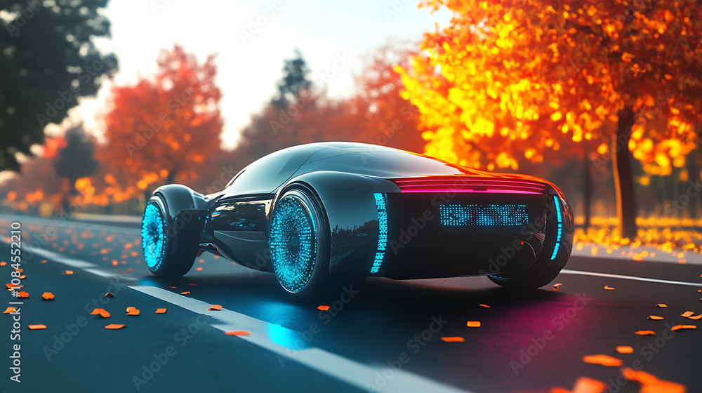 Poster An autonomous car is depicted on the road, equipped with sensing systems to scan its surroundings for safe, driverless navigation