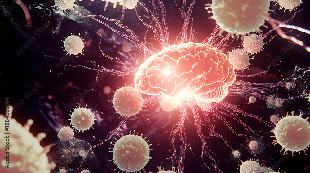 Aufkleber Animated brain with a bright glowing splash symbolizing pain and surrounded by circular white cells representing brain cells in the center