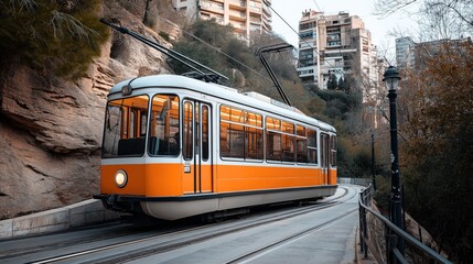 Naklejka premium A vintage orange tram on a curved track surrounded by rocky terrain and urban apartment buildings with trees lining the path.