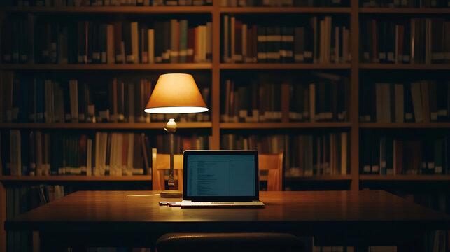 In the ambiance of a school library, an open laptop on a desk signifies the convergence of online education and traditional learning